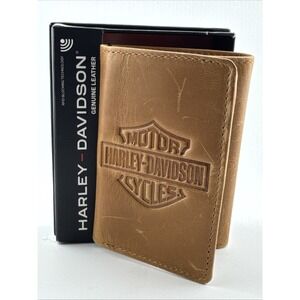 Harley-Davidson B&S Trifold Leather Wallet Tan RFID Blocking Technology